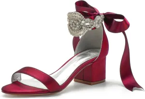 Block Heels Bride Wedding Pumps Bowknot Strap Bride Pumps Bridal Shoes Beaded Ankle Satin Sandals Open Toe Dress Evening Comfortable,Wine red,6