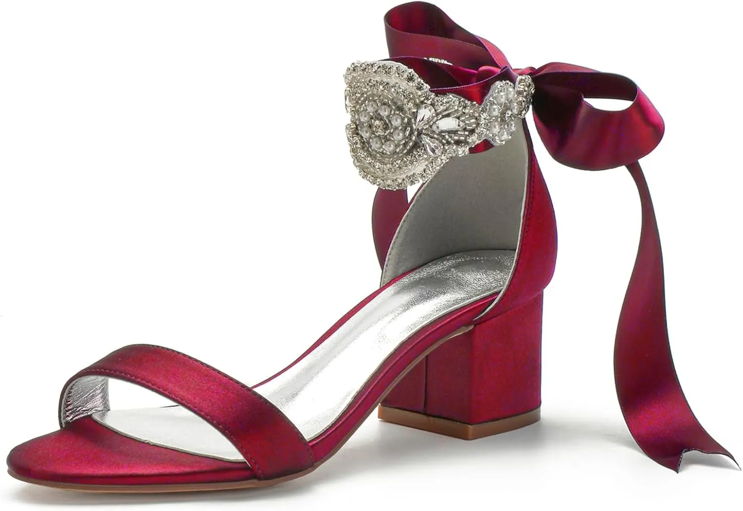 Block Heels Bride Wedding Pumps Bowknot Strap Bride Pumps Bridal Shoes Beaded Ankle Satin Sandals Open Toe Dress Evening Comfortable,Wine red,6