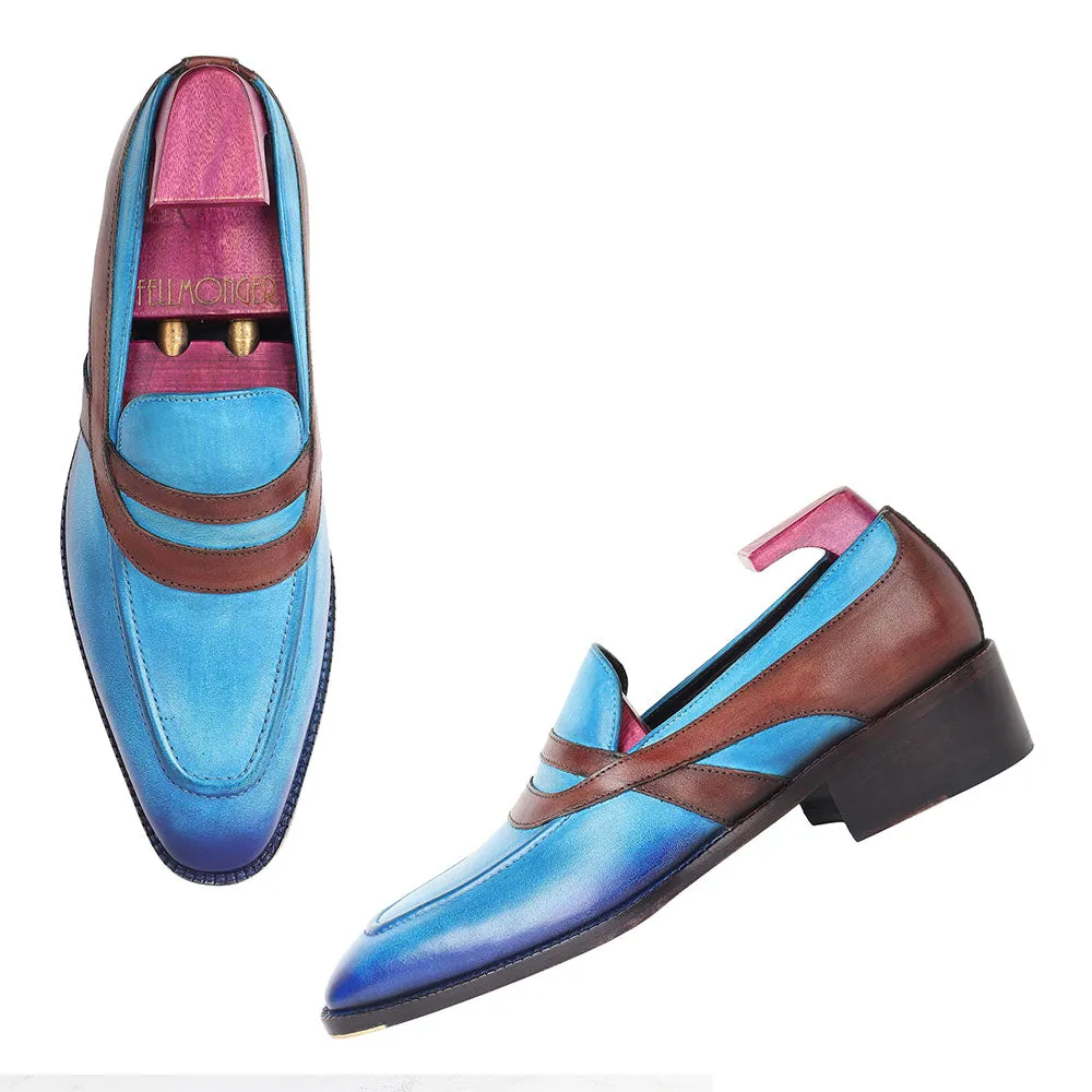 Blue   Brown Goodyear Welted Mirror Glossed Patina Oriental Saddle Penny Loafers   Metal Toe   Fiddle Back Waist