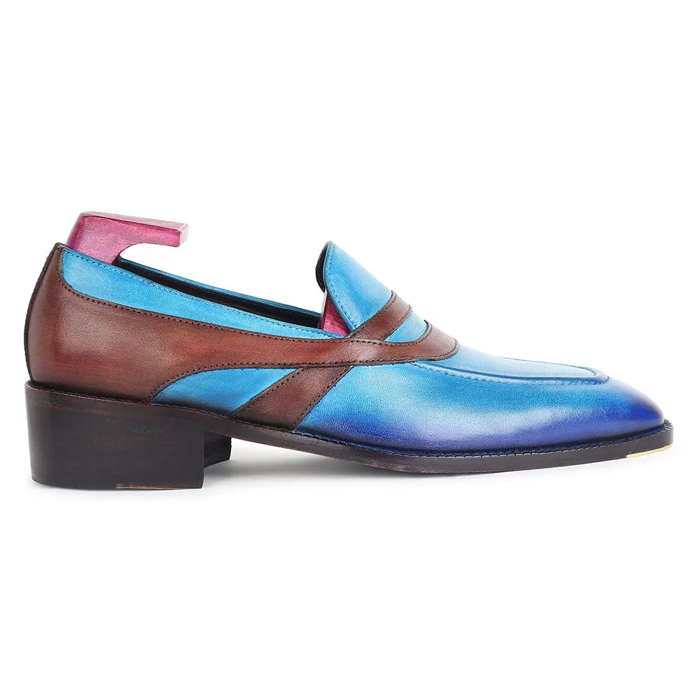 Blue   Brown Goodyear Welted Mirror Glossed Patina Oriental Saddle Penny Loafers   Metal Toe   Fiddle Back Waist