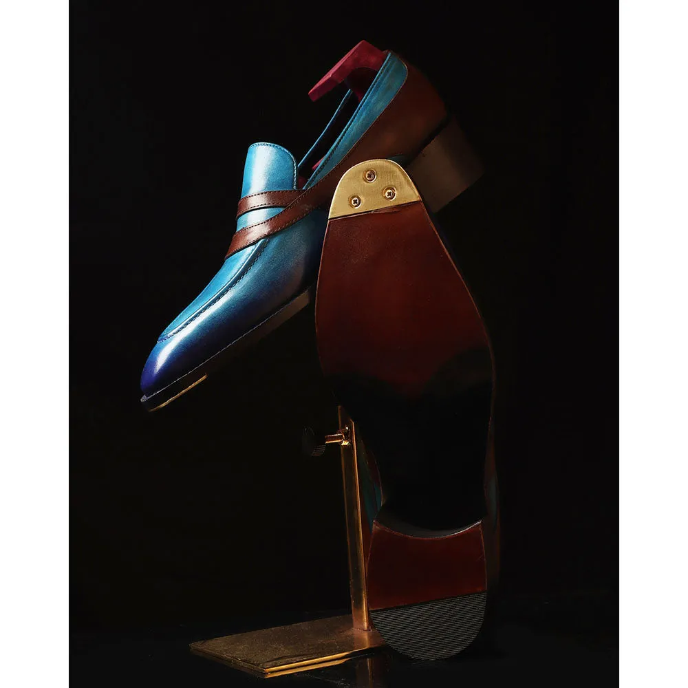 Blue   Brown Goodyear Welted Mirror Glossed Patina Oriental Saddle Penny Loafers   Metal Toe   Fiddle Back Waist