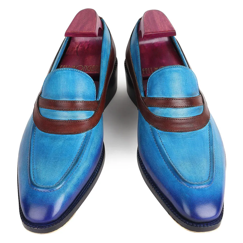 Blue   Brown Goodyear Welted Mirror Glossed Patina Oriental Saddle Penny Loafers   Metal Toe   Fiddle Back Waist