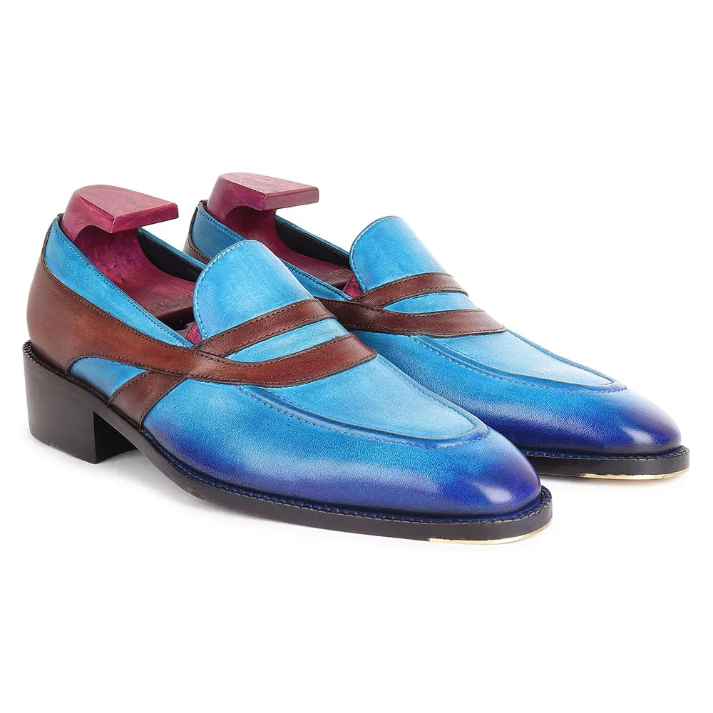 Blue   Brown Goodyear Welted Mirror Glossed Patina Oriental Saddle Penny Loafers   Metal Toe   Fiddle Back Waist