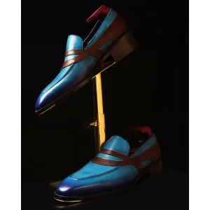 Blue   Brown Goodyear Welted Mirror Glossed Patina Oriental Saddle Penny Loafers   Metal Toe   Fiddle Back Waist