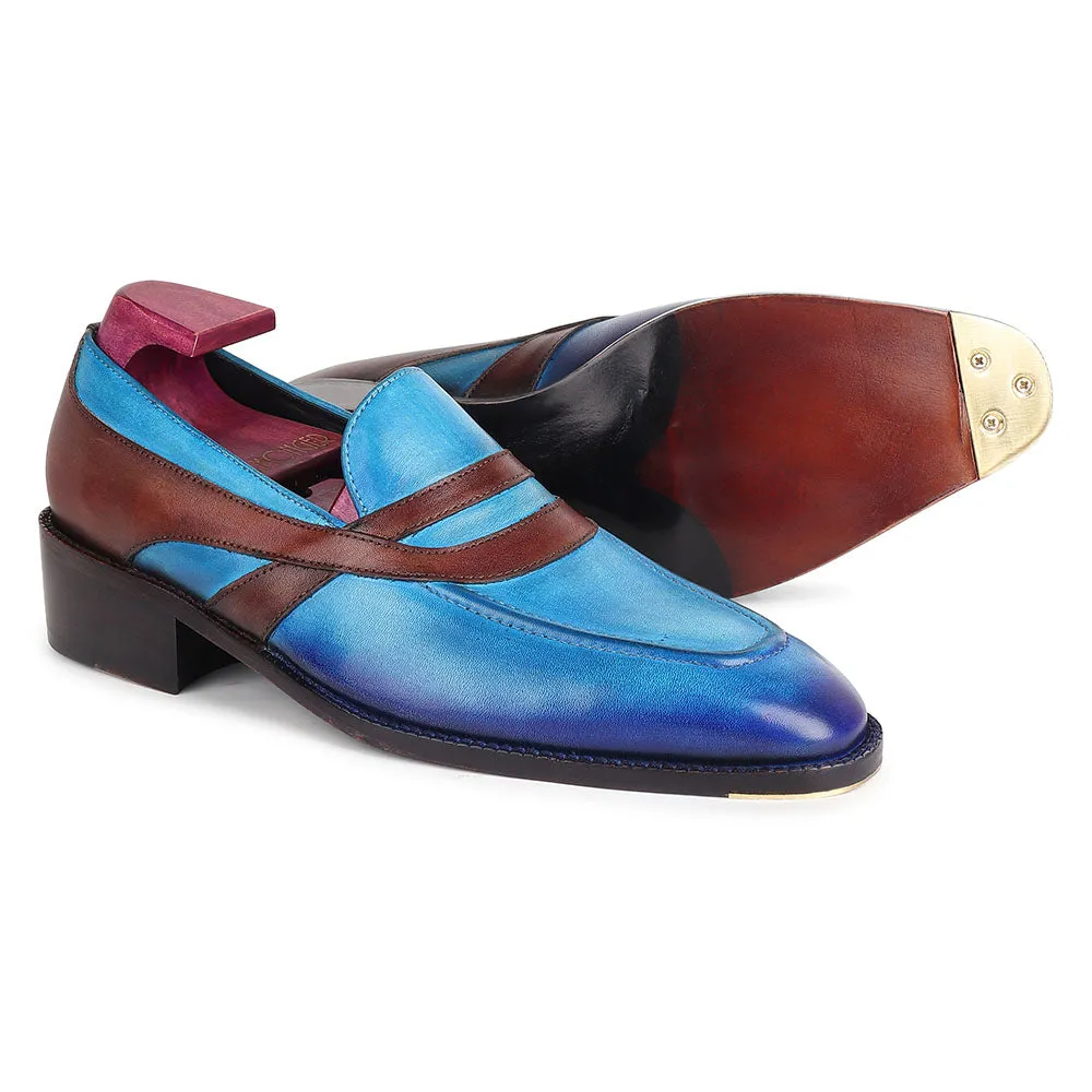 Blue   Brown Goodyear Welted Mirror Glossed Patina Oriental Saddle Penny Loafers   Metal Toe   Fiddle Back Waist