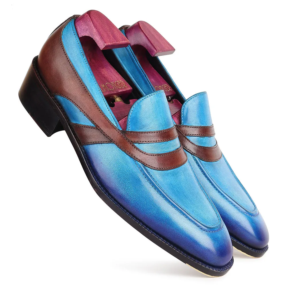 Blue   Brown Goodyear Welted Mirror Glossed Patina Oriental Saddle Penny Loafers   Metal Toe   Fiddle Back Waist