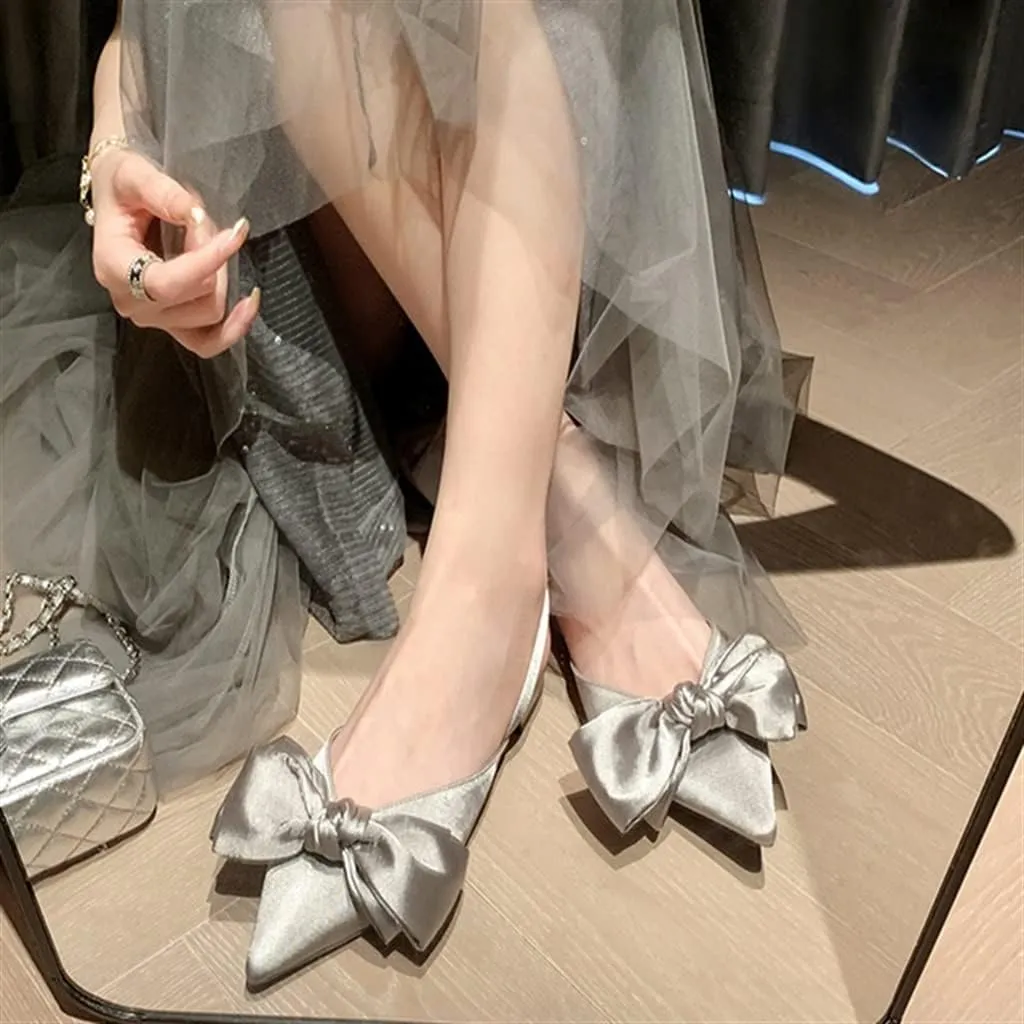 Bow Tie Wrapped Sandals Female Silk Fairy Wind French Pointed Flat Bottom Low Heel Single Shoes