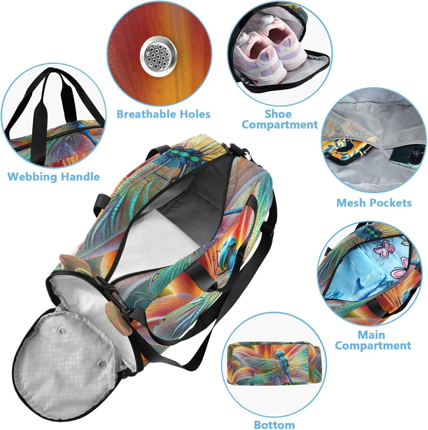 Boys Carry on Duffel Bag Overnight Bags Toddler Beautiful Dragonfly Flowers Girls Duffle Bags for Travel Kids Gym Duffle