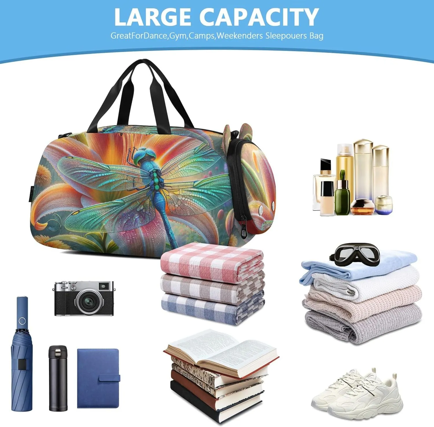 Boys Carry on Duffel Bag Overnight Bags Toddler Beautiful Dragonfly Flowers Girls Duffle Bags for Travel Kids Gym Duffle