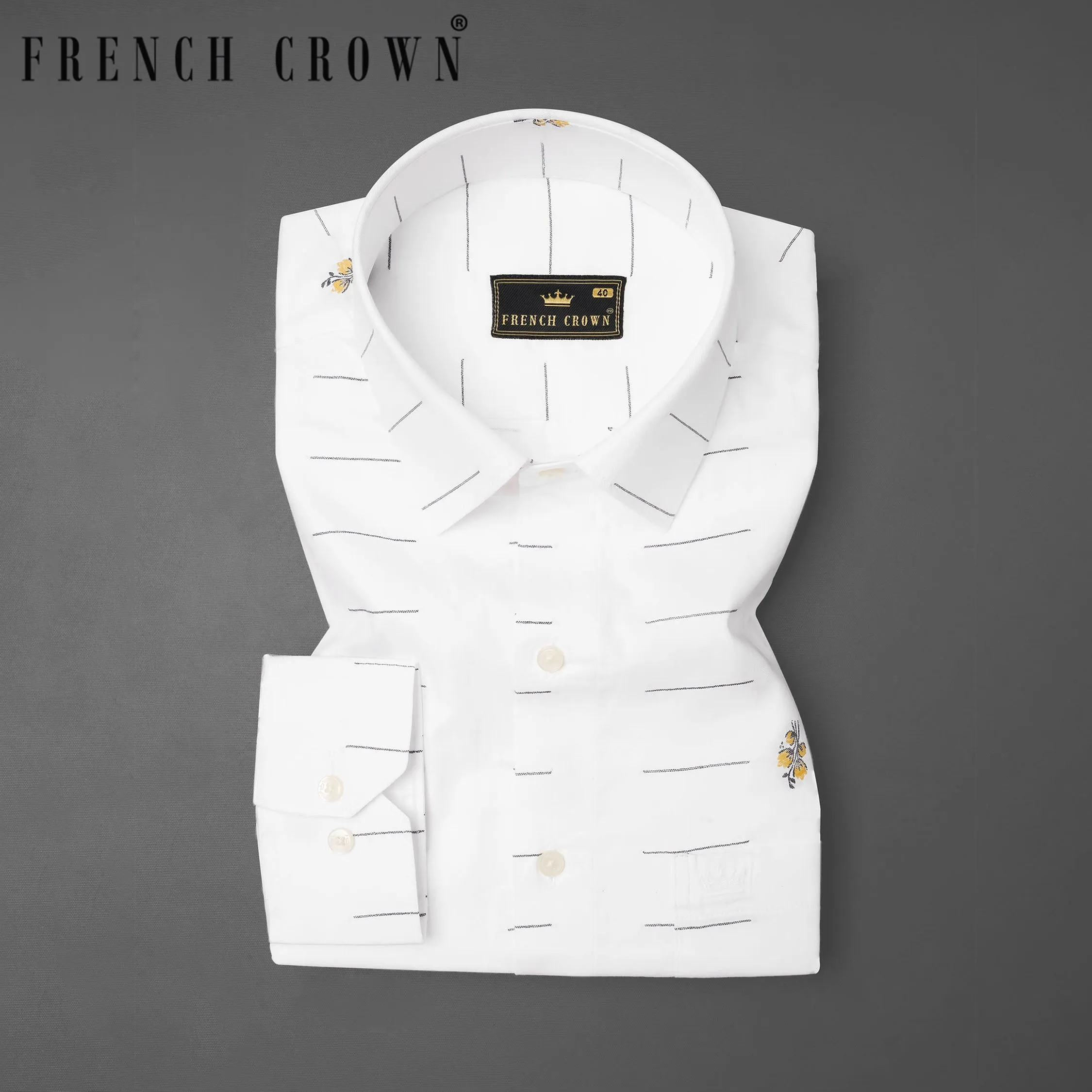 Bright White Linear and Floral Jacquard Textured Premium Giza Cotton Shirt
