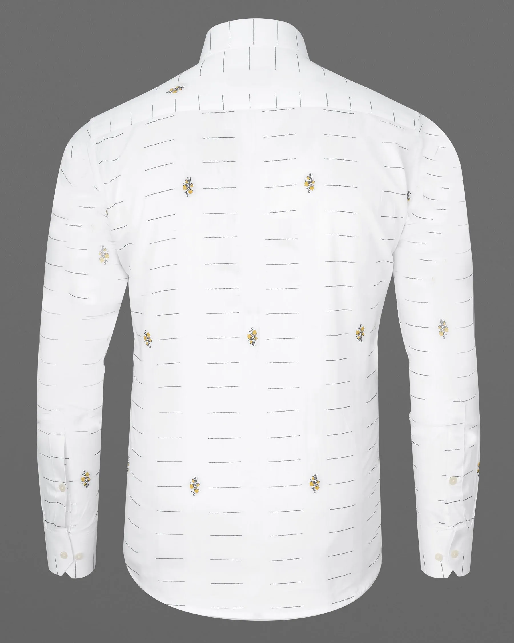 Bright White Linear and Floral Jacquard Textured Premium Giza Cotton Shirt
