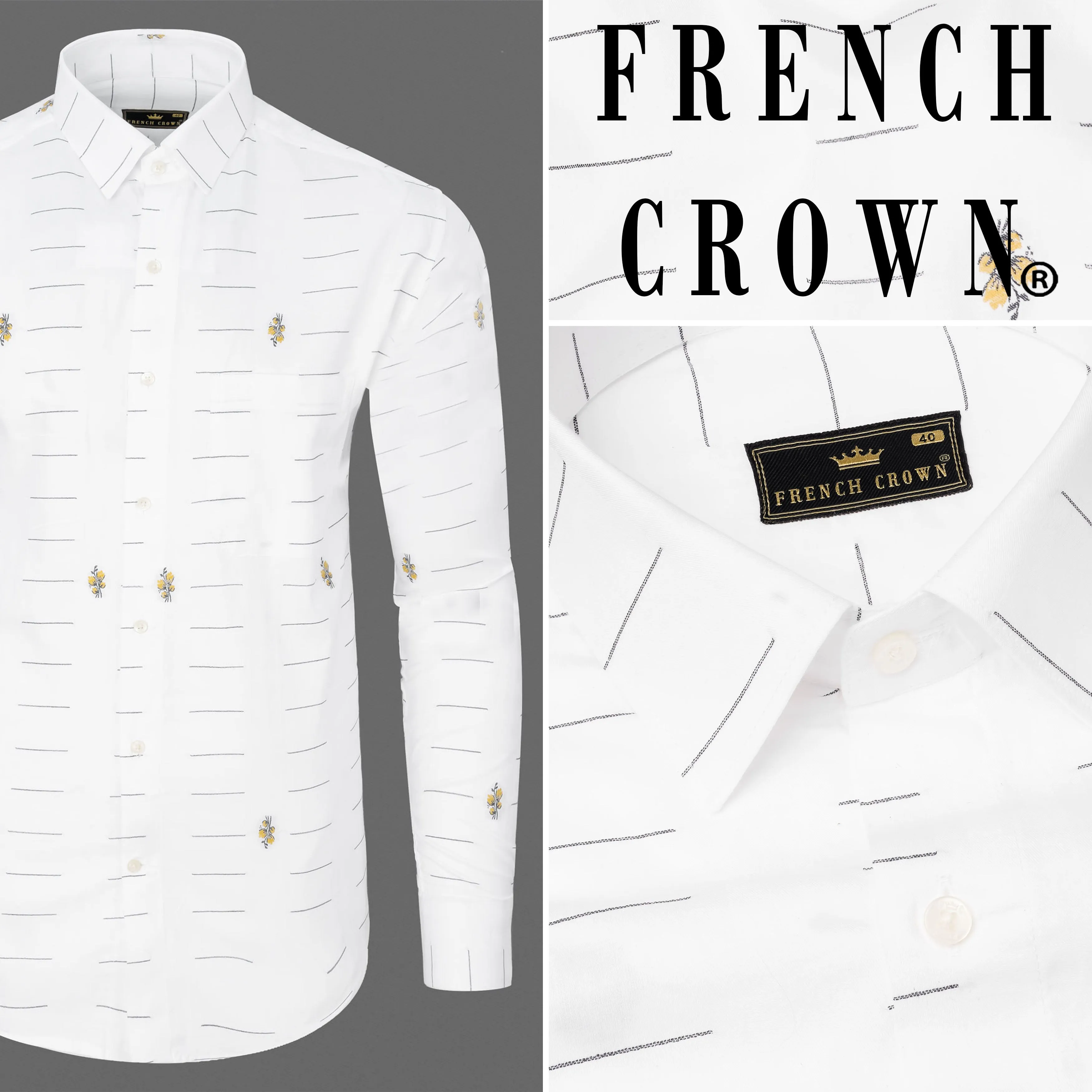 Bright White Linear and Floral Jacquard Textured Premium Giza Cotton Shirt