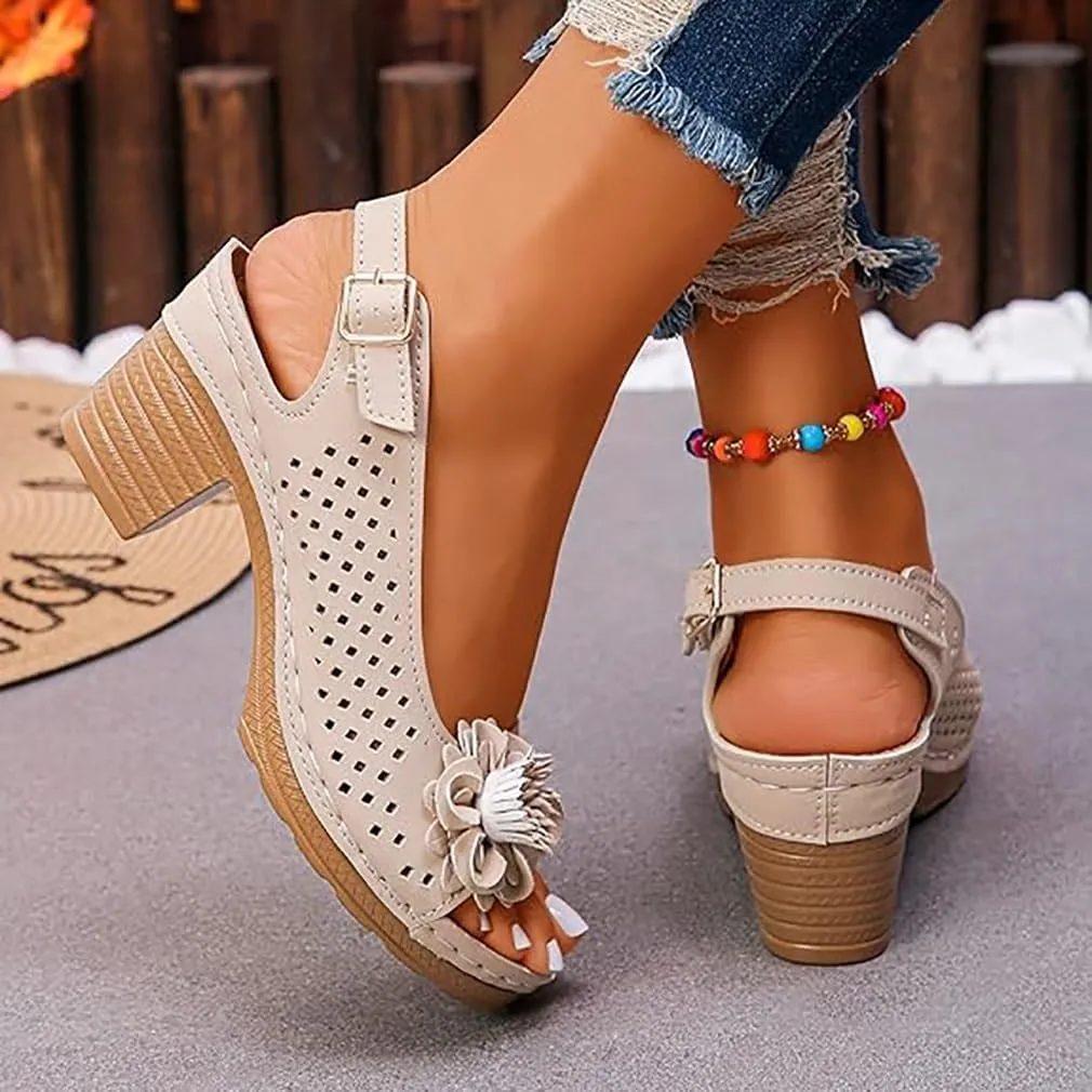 Buckled Square Heel Sandals for Women Dressy, Womens Low Slingback Peep Toe Chunky Heeled Dress Sandals Wedge Shoes