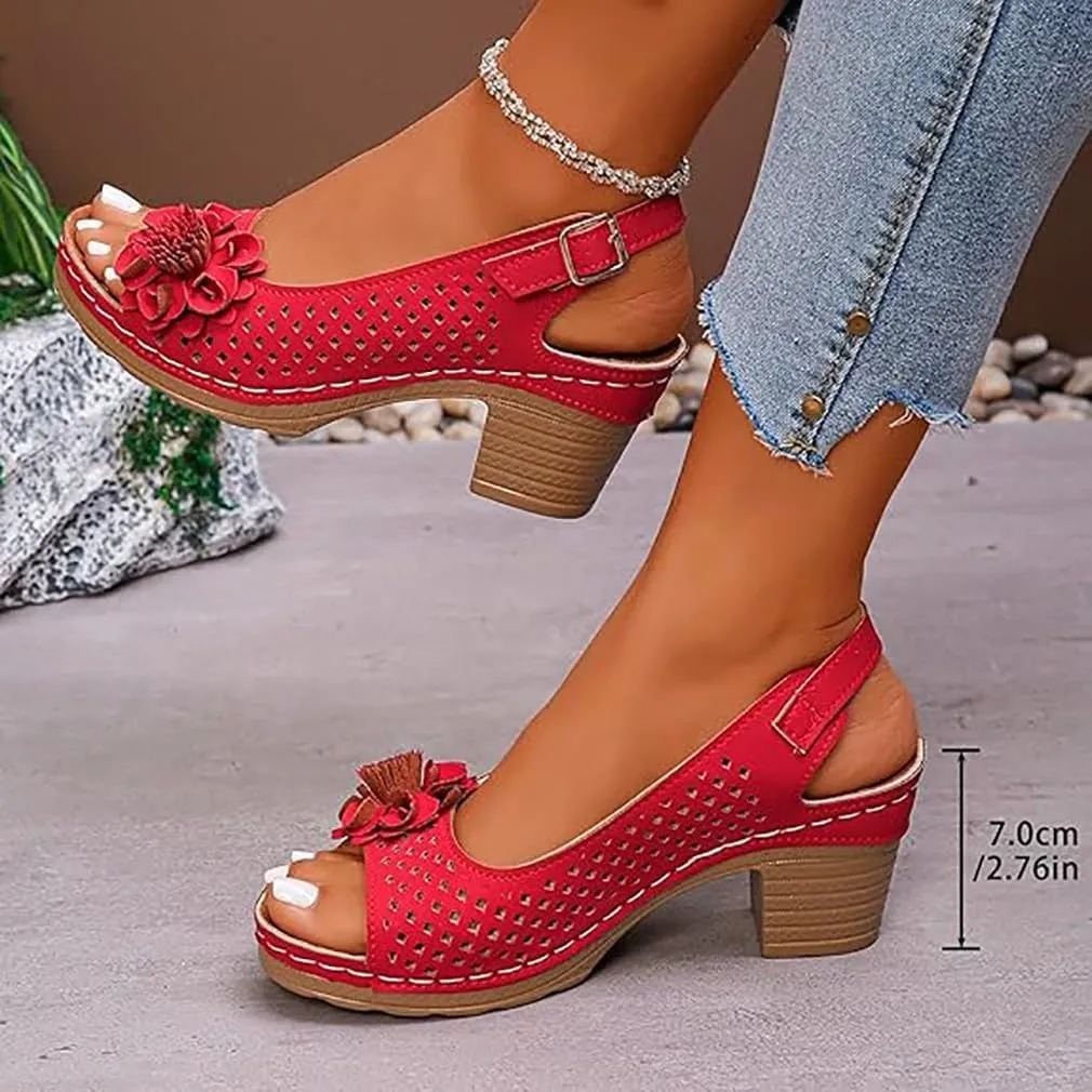 Buckled Square Heel Sandals for Women Dressy, Womens Low Slingback Peep Toe Chunky Heeled Dress Sandals Wedge Shoes