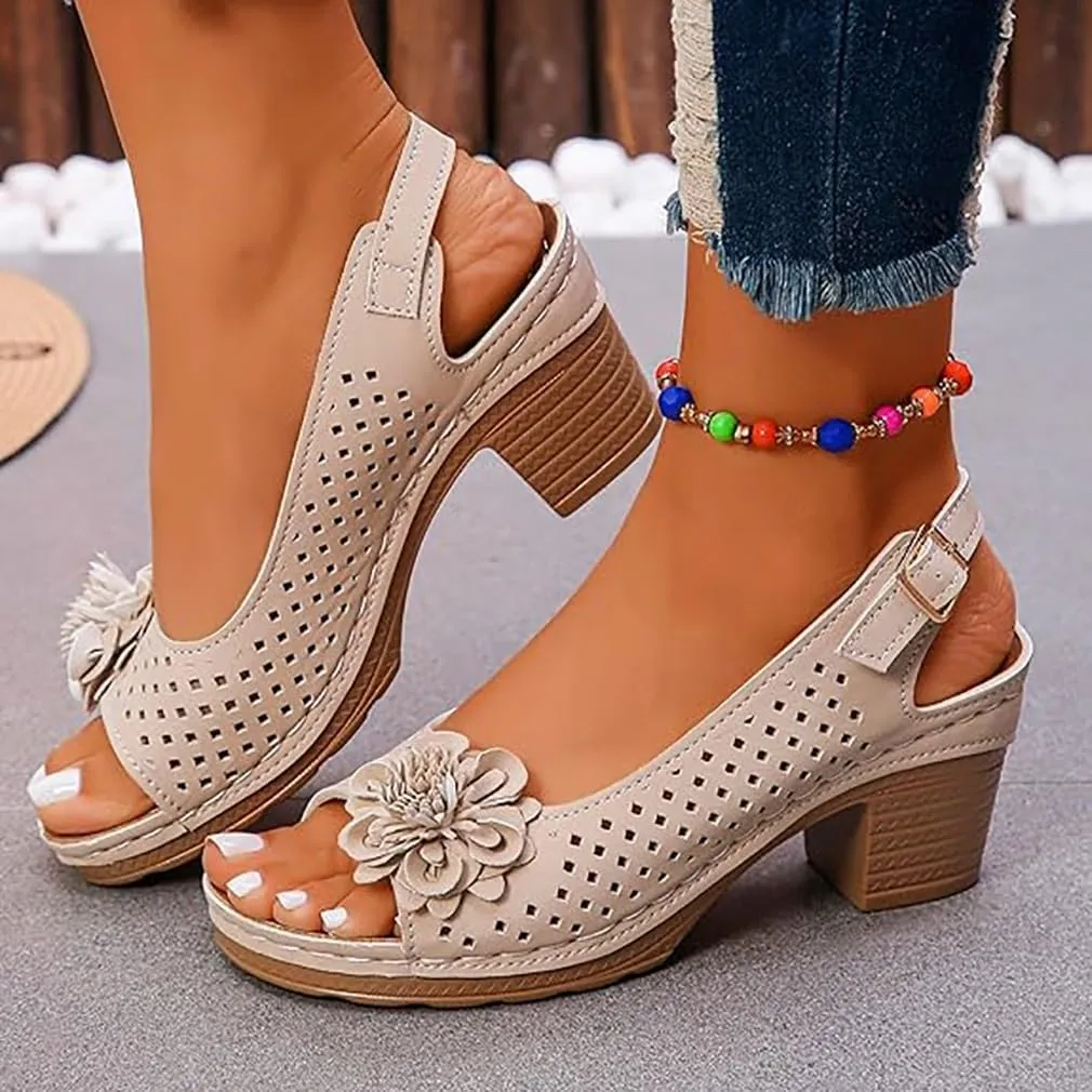Buckled Square Heel Sandals for Women Dressy, Womens Low Slingback Peep Toe Chunky Heeled Dress Sandals Wedge Shoes