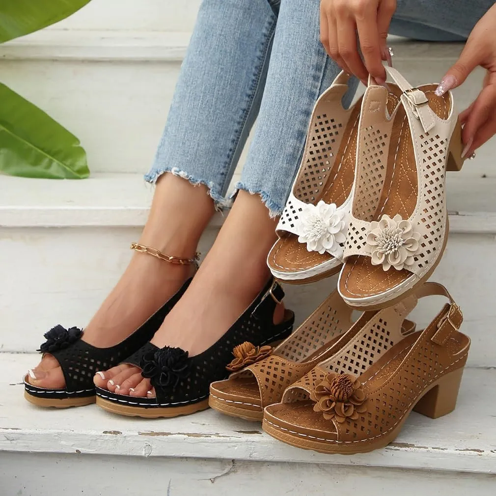 Buckled Square Heel Sandals for Women Dressy, Womens Low Slingback Peep Toe Chunky Heeled Dress Sandals Wedge Shoes