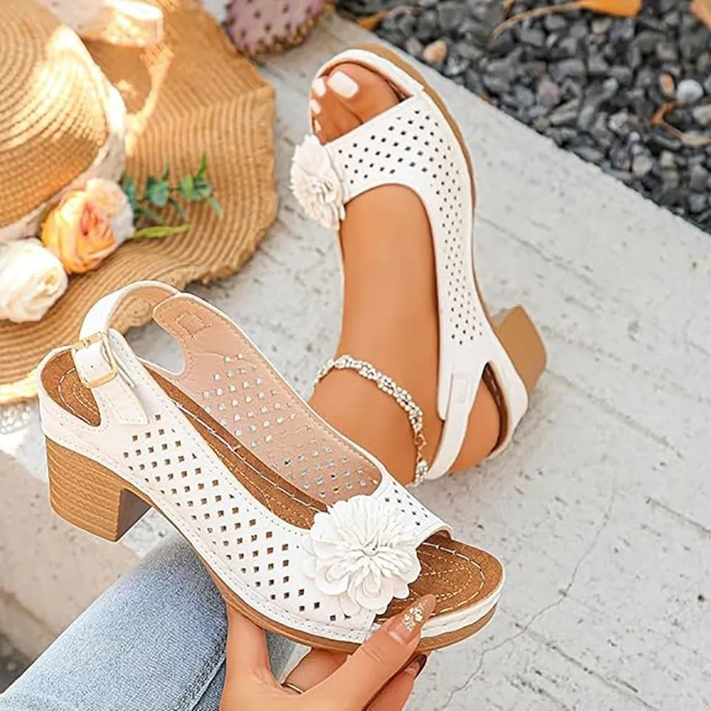 Buckled Square Heel Sandals for Women, Womens Peep Toe Slingback Low Chunky Heeled Dress Sandals Wedge Shoes Dressy
