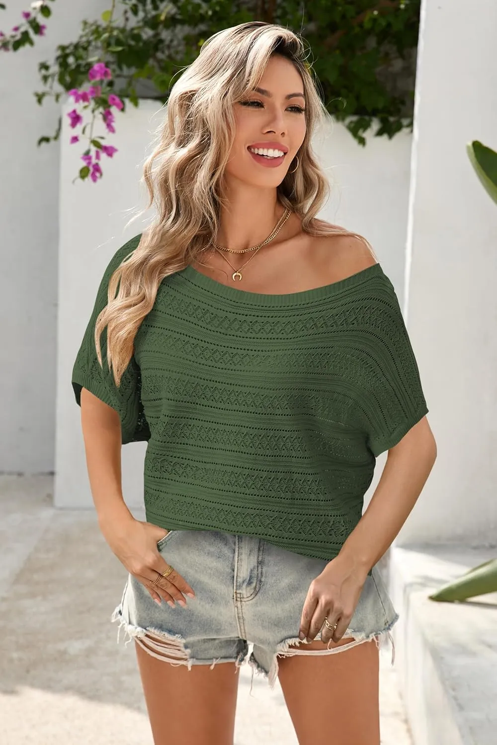Cakulo Womens Summer Crochet Tops Hollow Out Off The Shoulder Short Sleeve Batwing Knit Spring Sweater Top 2025