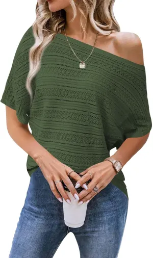 Cakulo Womens Summer Crochet Tops Hollow Out Off The Shoulder Short Sleeve Batwing Knit Spring Sweater Top 2025