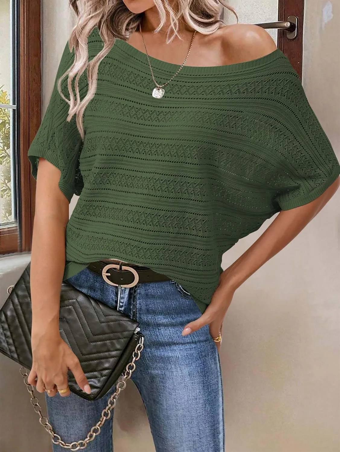 Cakulo Womens Summer Crochet Tops Hollow Out Off The Shoulder Short Sleeve Batwing Knit Spring Sweater Top 2025