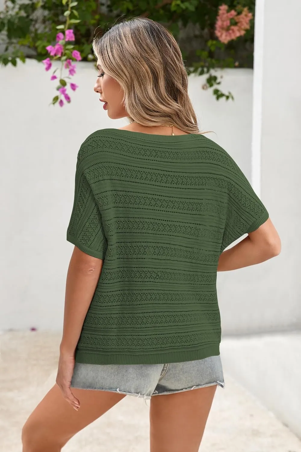 Cakulo Womens Summer Crochet Tops Hollow Out Off The Shoulder Short Sleeve Batwing Knit Spring Sweater Top 2025