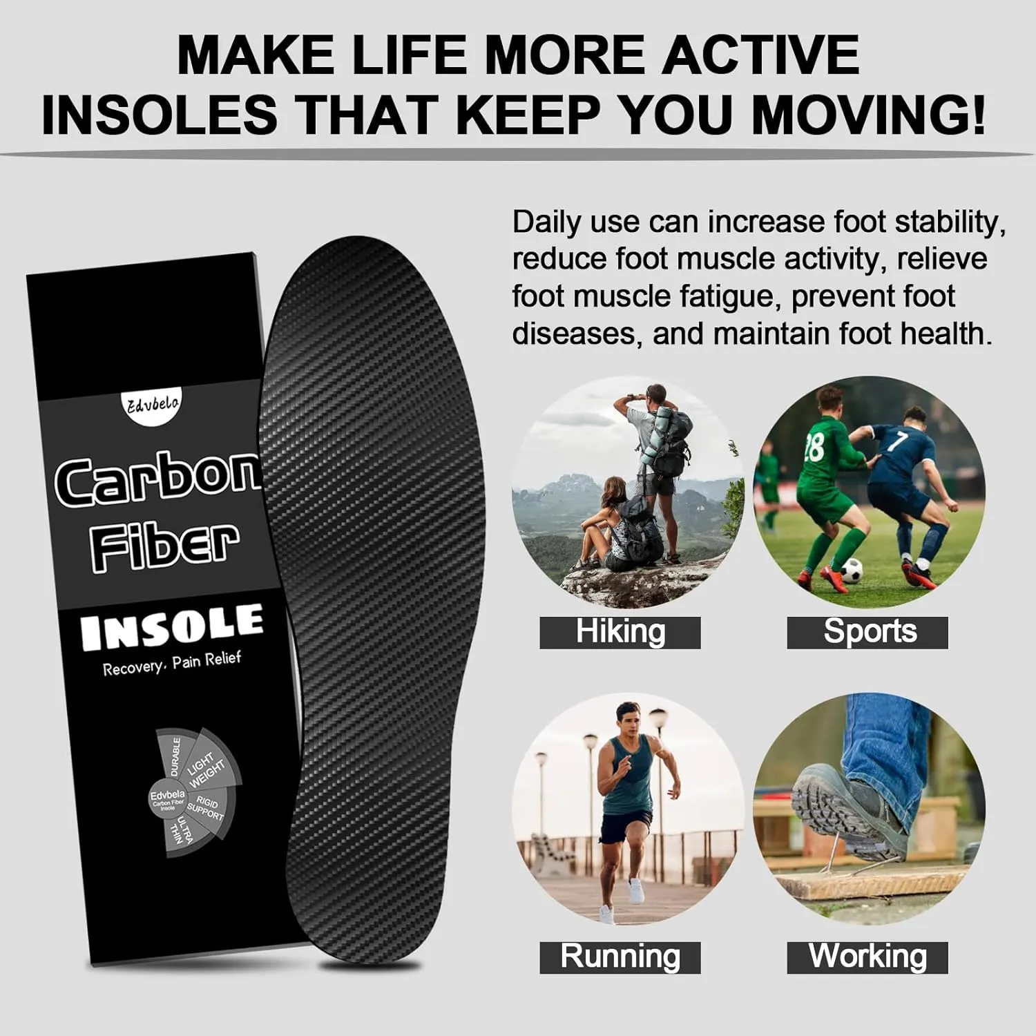 Carbon Fiber Insole for Turf Toe, Hallux Rigidus, Limitus, Foot Fractures, Arthritis, Rigid Graphite Shoe Insert for Sports, Hiking, Trekking, Alternative to Post Op Shoe - 1 Piece 235mm