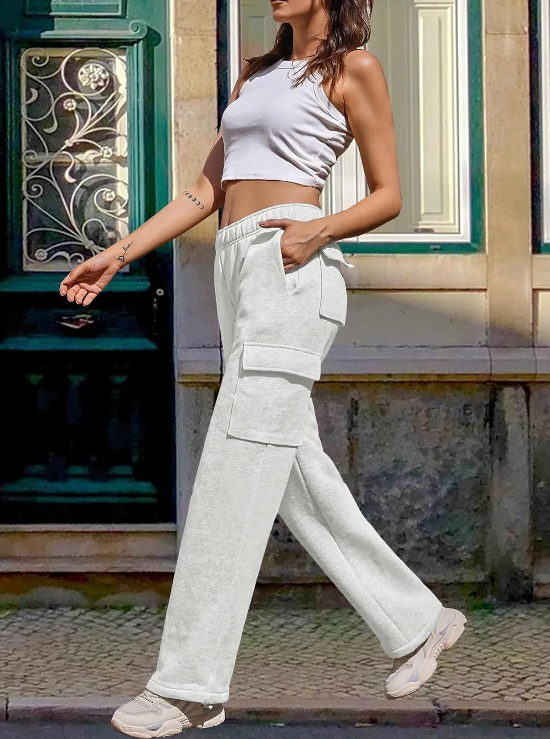 Cargo Sweatpants Women Wide Leg High Waisted Sweat Pants with Pockets Womens Lounge Casual Joggers