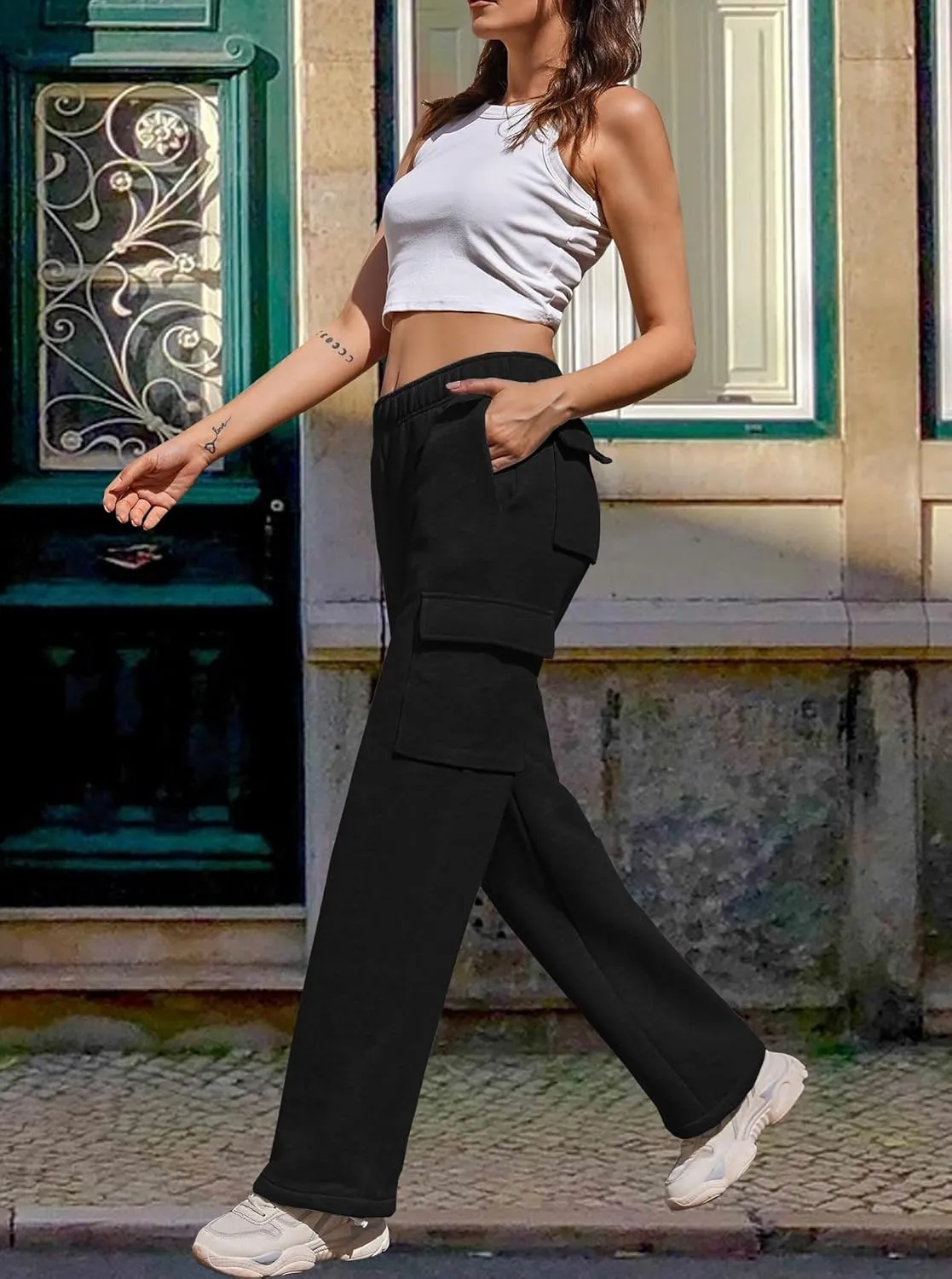 Cargo Sweatpants Women Wide Leg High Waisted Sweat Pants with Pockets Womens Lounge Casual Joggers