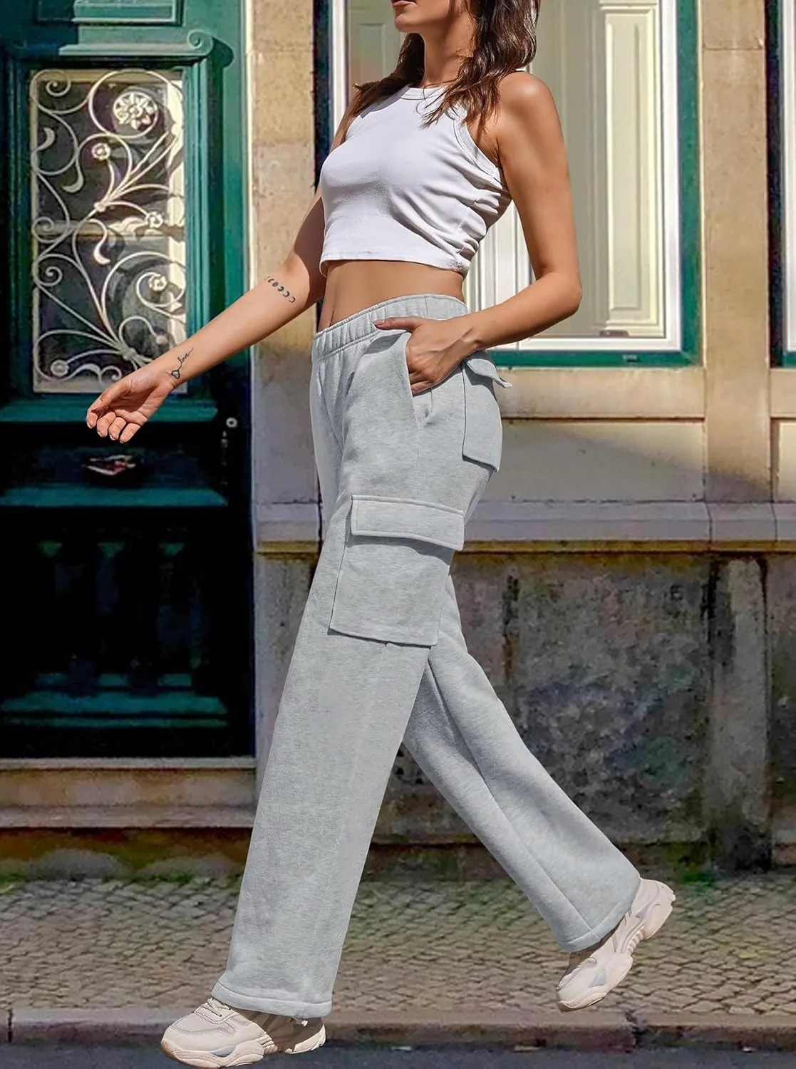 Cargo Sweatpants Women Wide Leg High Waisted Sweat Pants with Pockets Womens Lounge Casual Joggers
