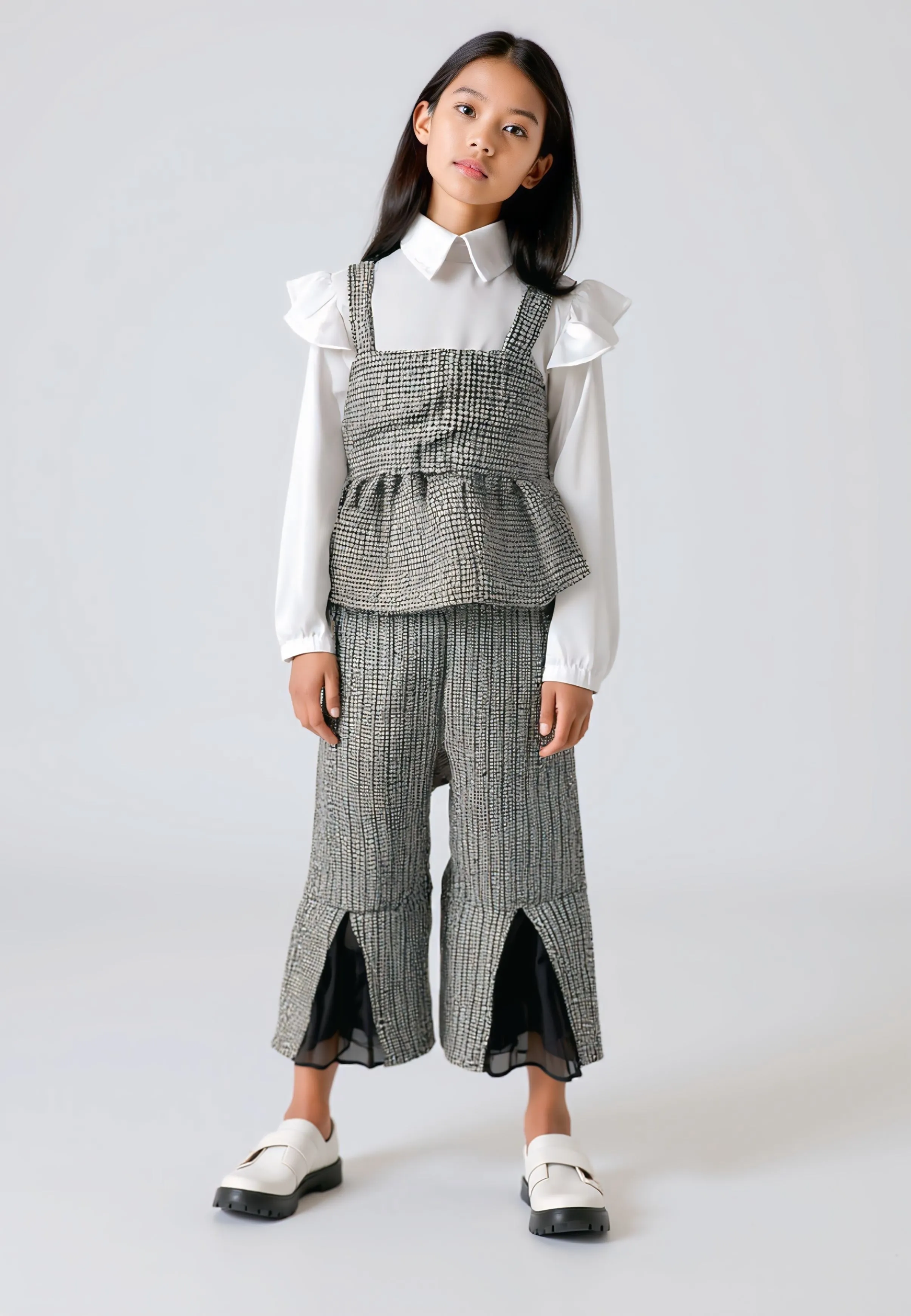Chic Black and White Tweed Peplum Set with Slit Pants (CC636)