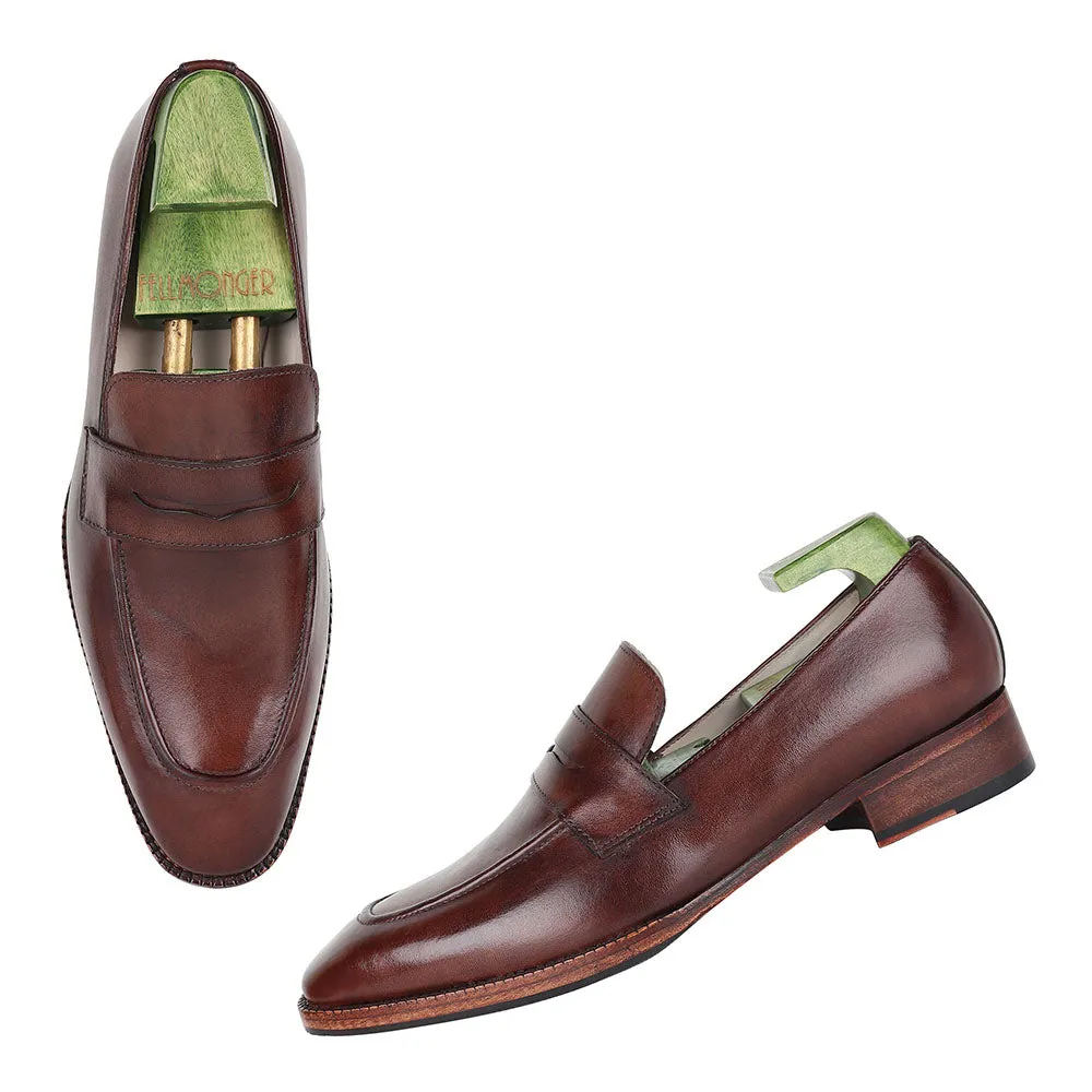 Chocolate Brown Patina Mirror Glossed Square Toe Sleek Penny Loafers