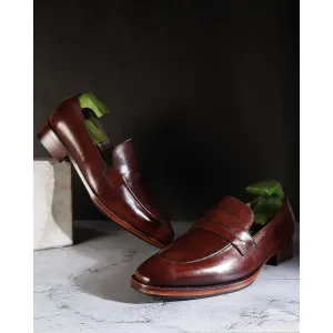 Chocolate Brown Patina Mirror Glossed Square Toe Sleek Penny Loafers