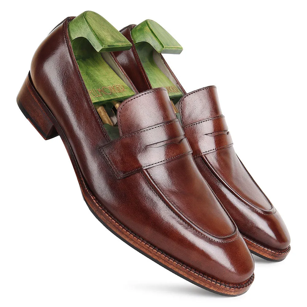 Chocolate Brown Patina Mirror Glossed Square Toe Sleek Penny Loafers