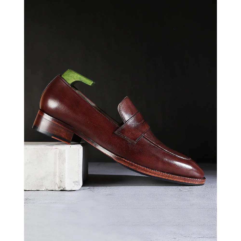 Chocolate Brown Patina Mirror Glossed Square Toe Sleek Penny Loafers