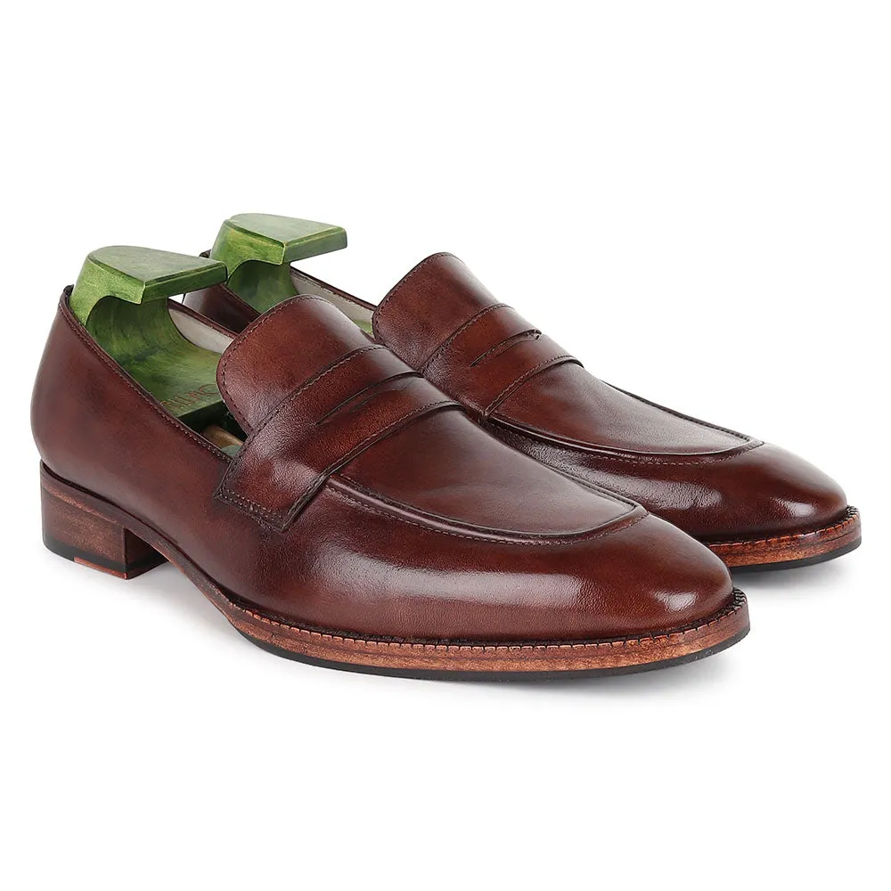 Chocolate Brown Patina Mirror Glossed Square Toe Sleek Penny Loafers
