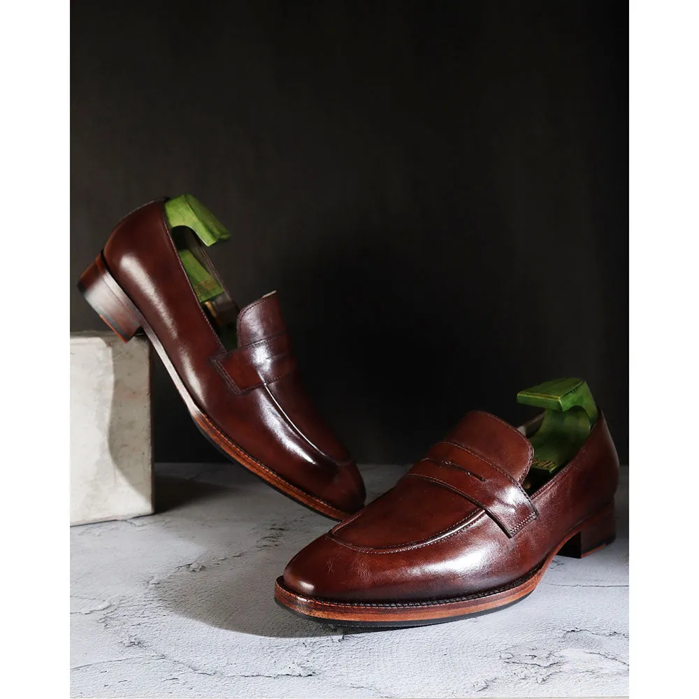 Chocolate Brown Patina Mirror Glossed Square Toe Sleek Penny Loafers