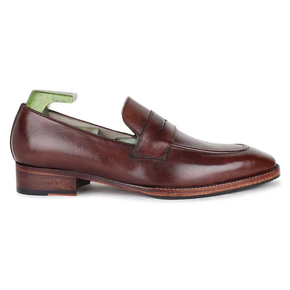 Chocolate Brown Patina Mirror Glossed Square Toe Sleek Penny Loafers