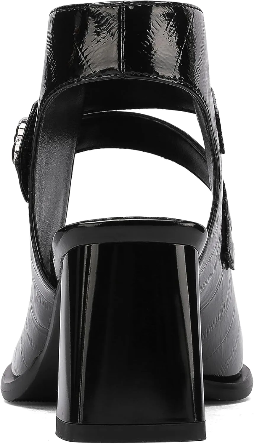 Chunky Gladiator Sandals for Women Summer Dressy High Heels Square Toe Block Sandalias Para Mujer Open Toe Faux Leather Strappy Outdoor Ladies Wedding 3 Inch Sandles