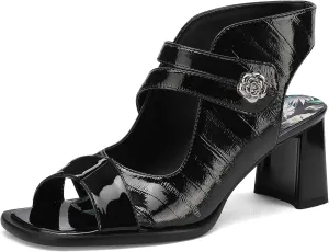 Chunky Gladiator Sandals for Women Summer Dressy High Heels Square Toe Block Sandalias Para Mujer Open Toe Faux Leather Strappy Outdoor Ladies Wedding 3 Inch Sandles