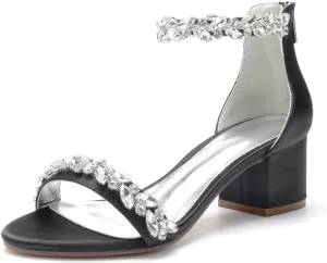 Chunky Heel Wedding Sandals Open Toe Low Block Heels Rhinestones Women Heeled Sandal