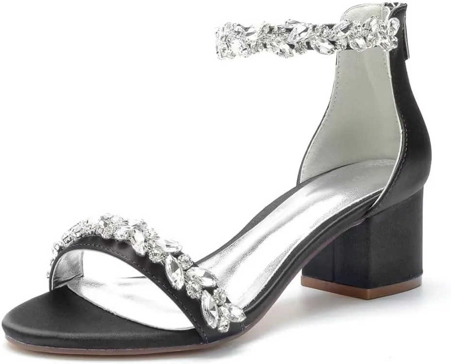 Chunky Heel Wedding Sandals Open Toe Low Block Heels Rhinestones Women Heeled Sandal
