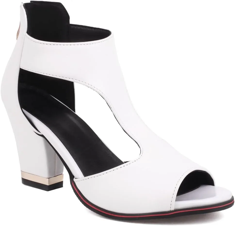 Chunky High Heels Sandals For Womens Peep Toe T-strap Cutout Back Zipper Comfy Dress Heeled Sandals