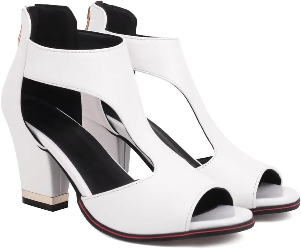 Chunky High Heels Sandals For Womens Peep Toe T-strap Cutout Back Zipper Comfy Dress Heeled Sandals
