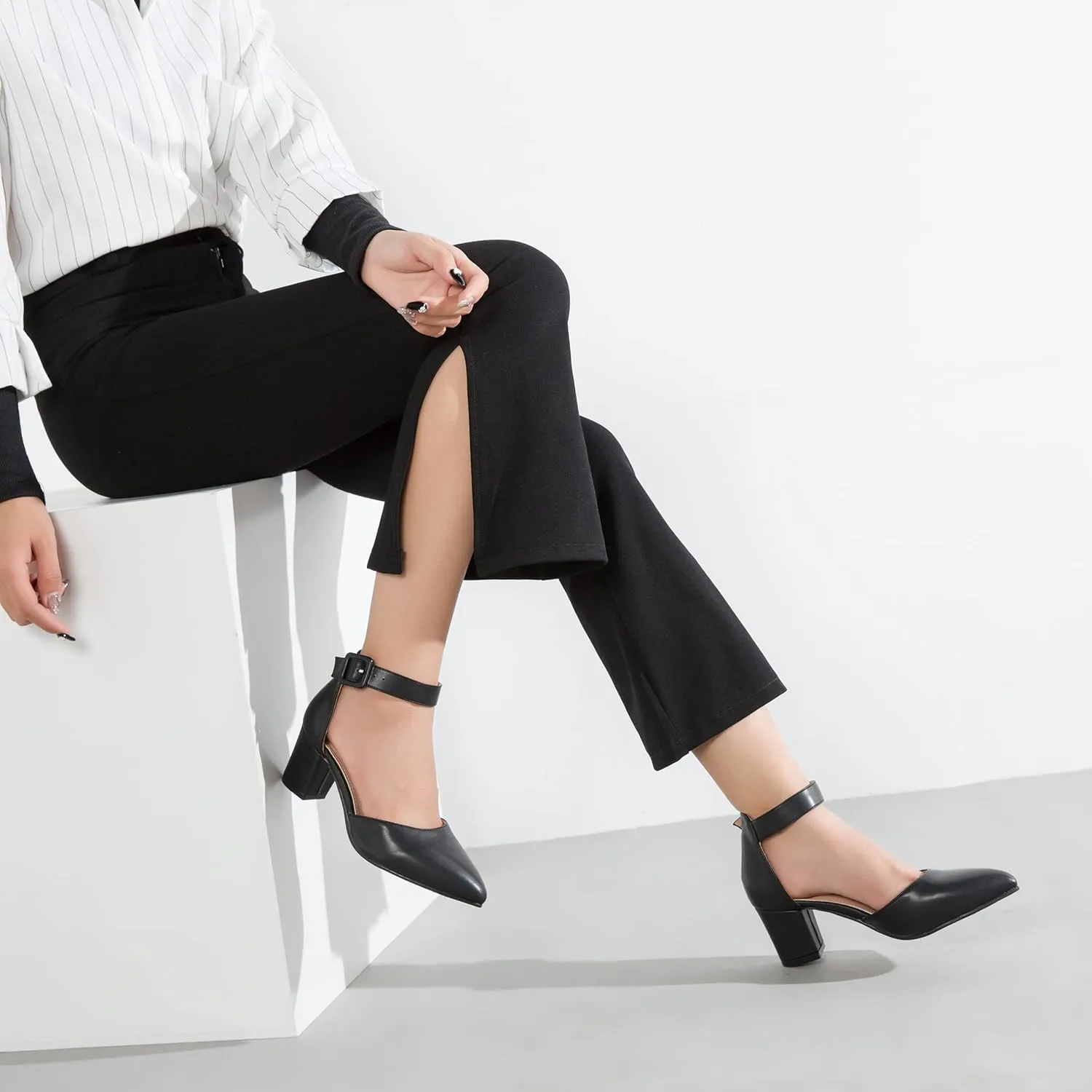 Closed Toe Heels for Women Pointed Toe Heels Low Block Chunky Pumps Ankle Strap D'Orsay Wedding Party Dress Shoes