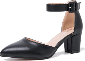 Closed Toe Heels for Women Pointed Toe Heels Low Block Chunky Pumps Ankle Strap D'Orsay Wedding Party Dress Shoes