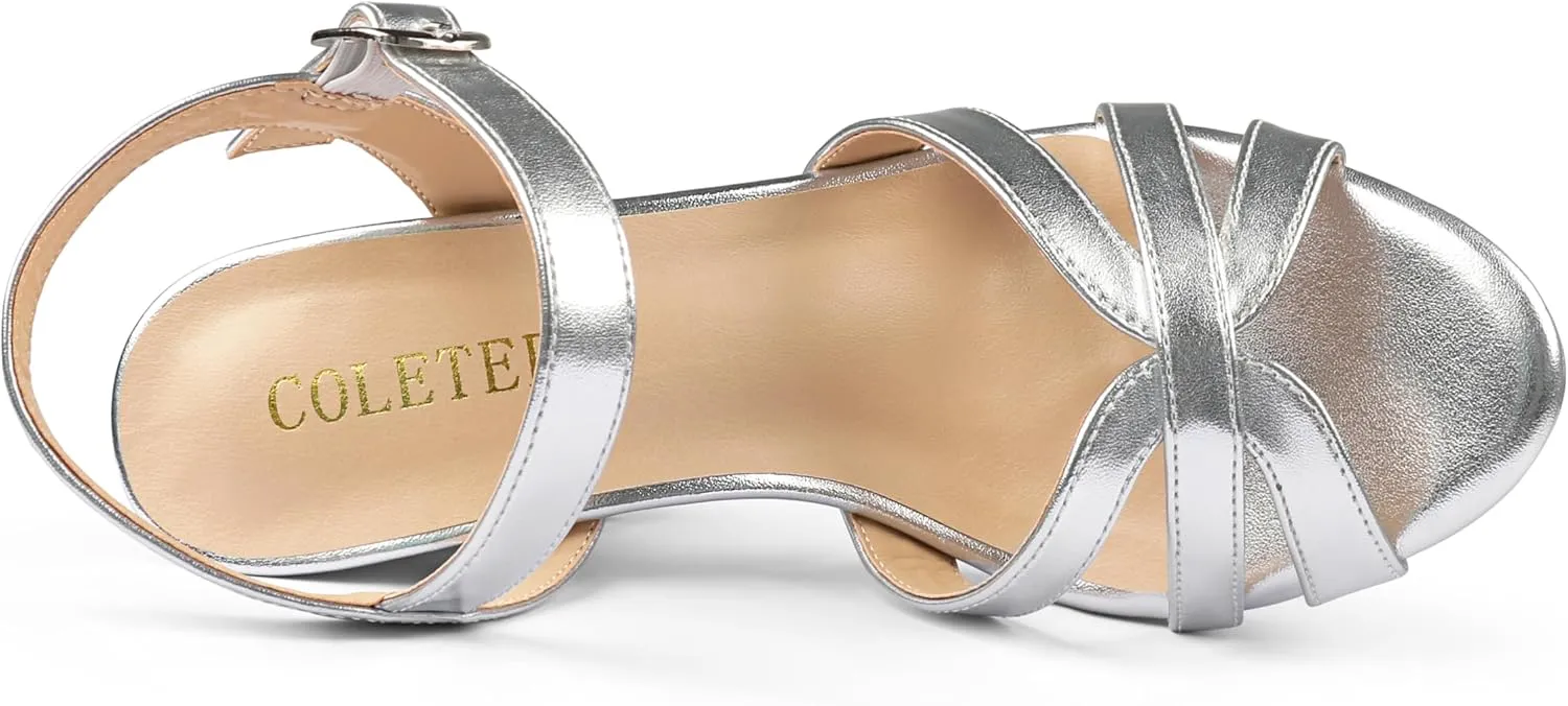 COLETER Women's Platform Chunky Heels Ankle Strap Block Heeled Sandals Party Wedding Shoes