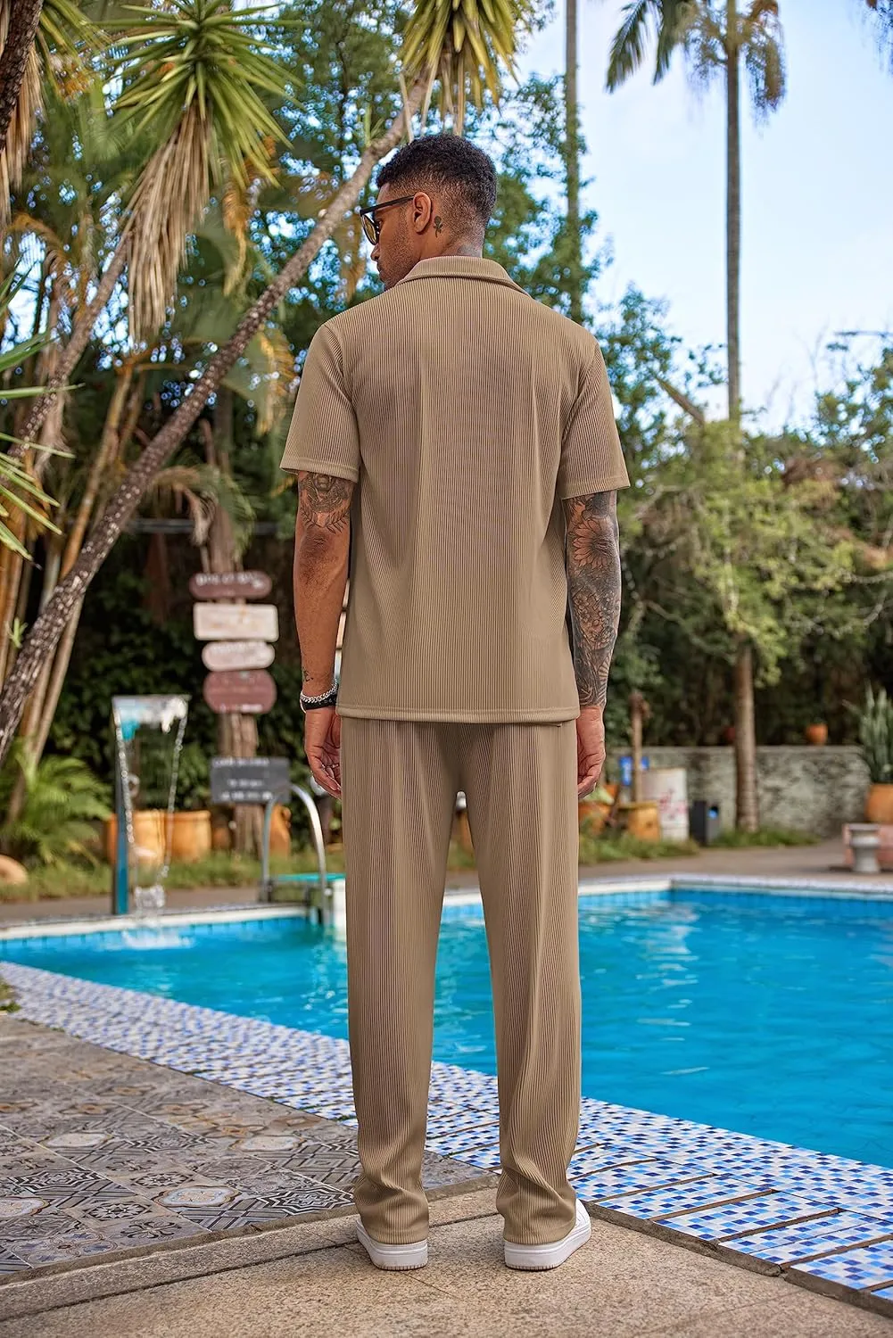 COOFANDY Men's 2 Piece Outfit Casual Short Sleeve Button Down Shirt Beach Summer Loose Pant Sets