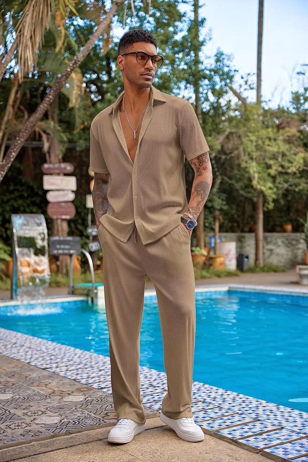 COOFANDY Men's 2 Piece Outfit Casual Short Sleeve Button Down Shirt Beach Summer Loose Pant Sets