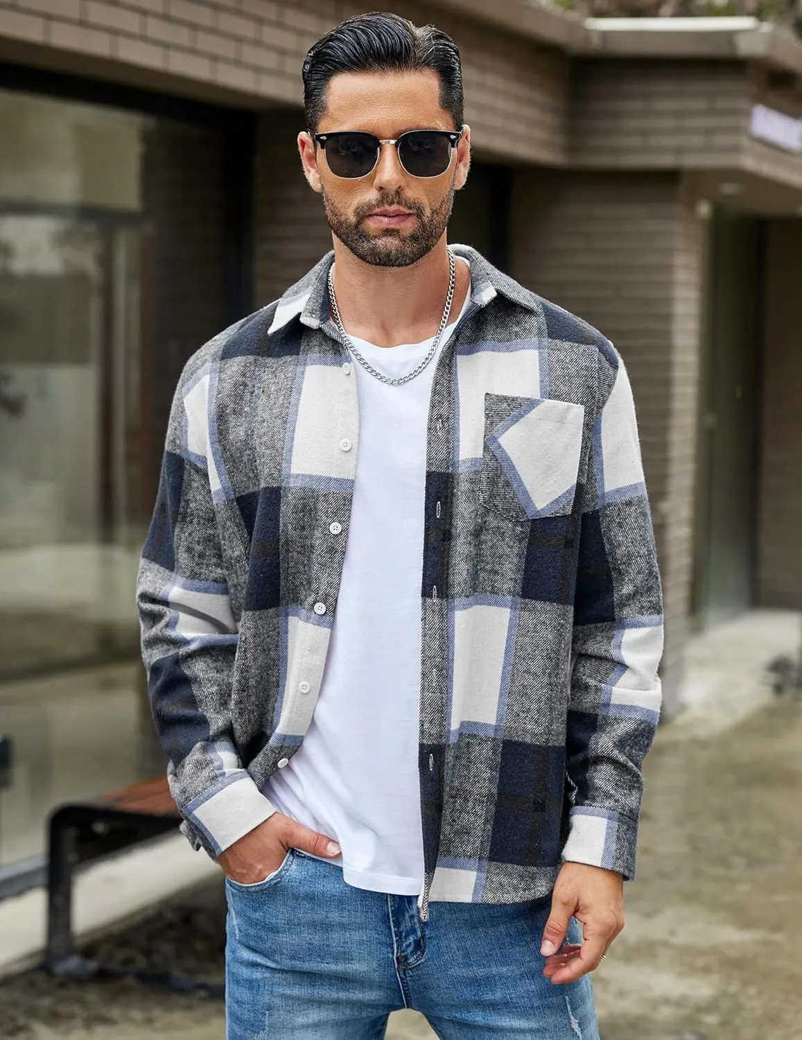 COOFANDY Mens Flannel Shirt Long Sleeve Lightweight Plaid Shirt Casual Button Down Shirts Jacket