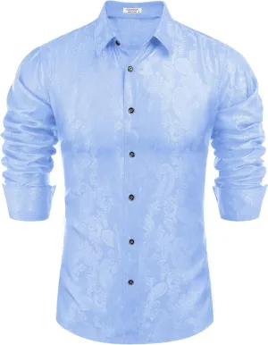COOFANDY Men's Silk Satin Dress Shirt Long Sleeve Floral Printed Shirt Paisley Button Down Shirts for Wedding Party Prom